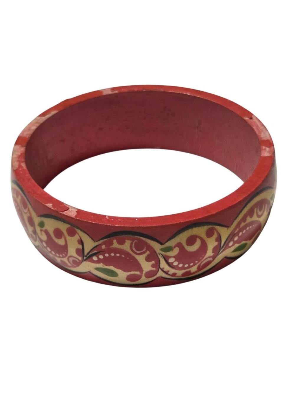 Hand Painted Wooden Bangle Bracelet Red Gold Green Floral Design Fashion Jewelry